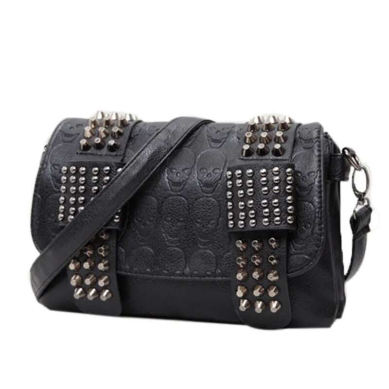 JIETOTYX Women Leather Messenger Single Skull Rivet Shoulder Bags Sac A Main Bolsa Black Vintage Sexy Bag Lady Drop