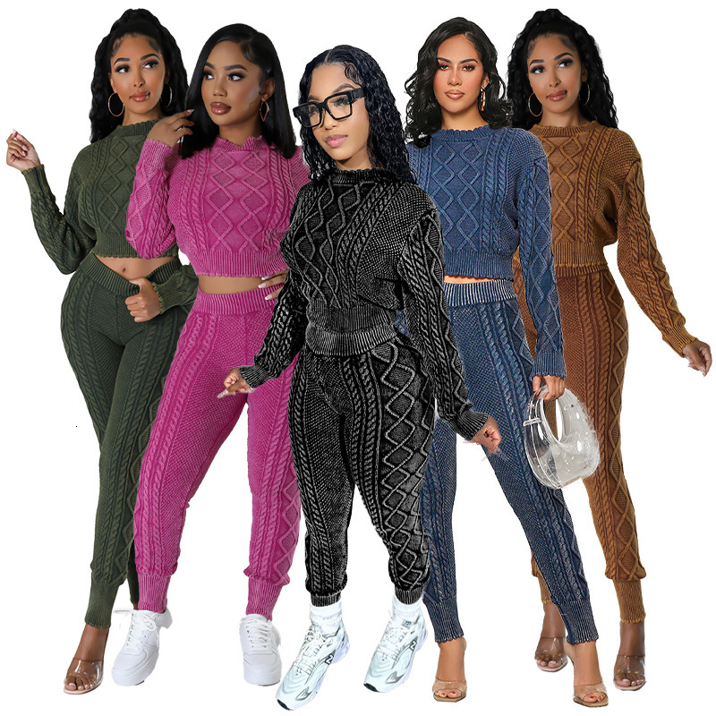 HR23111 Womens wash worn style knitting diamond Fried Dough Twists pullover sweater suit