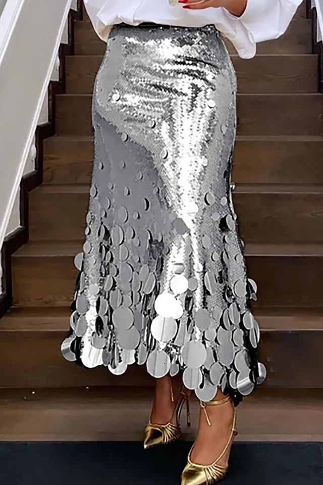 Plus Size Women Formal Skirts Elegant Gold Silver Long Sequin Party Club Evening High Waist Skirts Female Casual Cocktail Skirts 250514