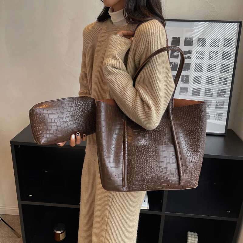 MOODS Crocodile Pattern Women Bag Set 2-In-1 Big Capacity Shopping Shoulder Totes Pure Color Soft PU Leather 2024 Latest Handbag