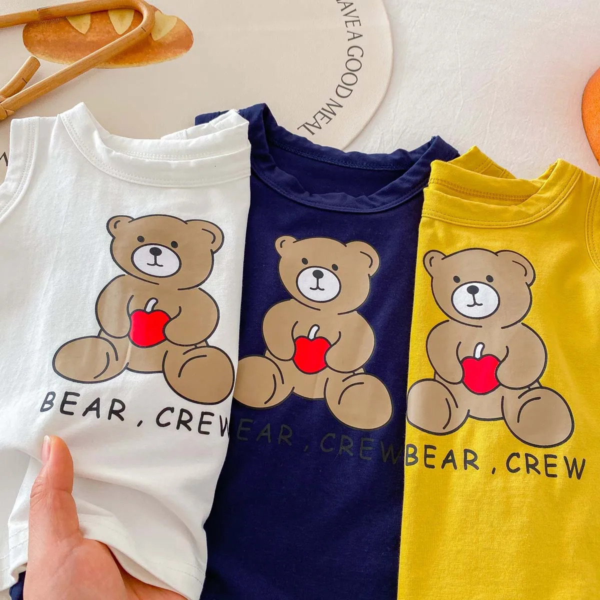 Korean Fashion Kids Clothes Baby Boy Girl Summer Cartoon Bear Print Sleeveless Tops Shorts Unisex Two Piece Set 1-5yrs 250515