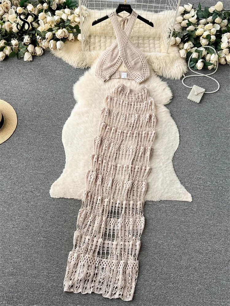 SINGREINY Hollow Out Female Beach Suits Fashion Cross Halter ShirtSplit Long Skirt Set Ladies Vacation Styles Korean Sexy Sets 250515