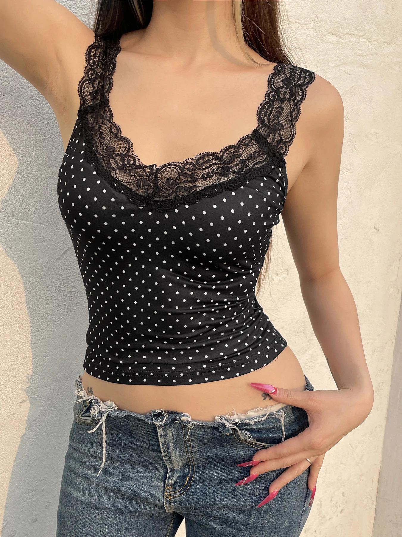 Fashion Sexy Slim Fit Polka Dot Print Lace Trim Women Tanks Chic sweet Summer Basic AllMatch Blouses 250515