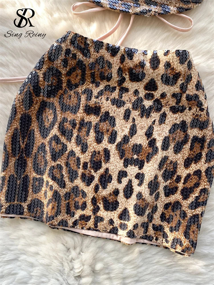SINGREINY Fashion Clubwear Sexy Two Pieces Suits Halter Backless Mini TopBodycon Short Skirt Female Sequins n Leopard Sets 250515