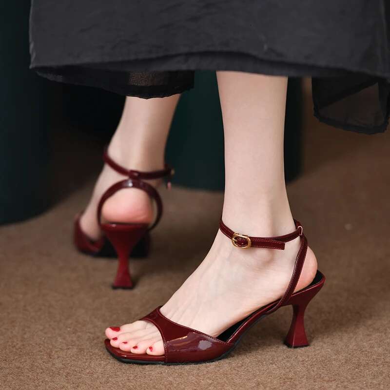 Fashion Dark Red Ankle Strap Pumps Women Point Head Patent Leather Stilettos Summer Sexy Thin High Heels Sandals for Woman