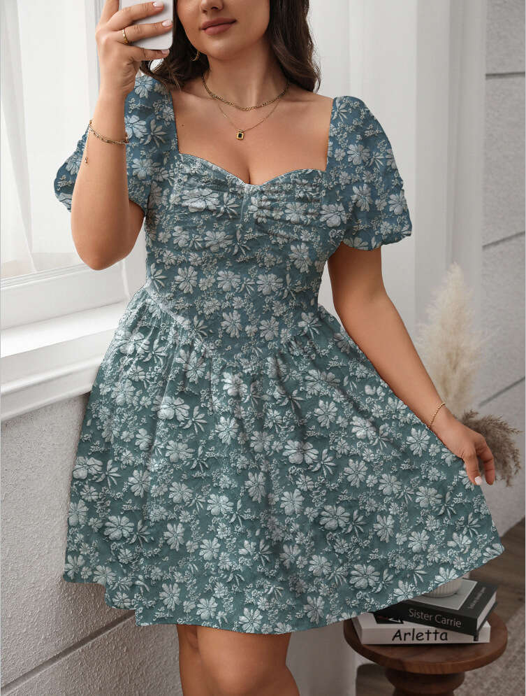 Plus Size Buttock Calf Dresses for Woman Elegant Skirt Partydress Skirt Bodysuit Floral Dress 2025 French Square Collar Dress Slimming and Fluffy Shor