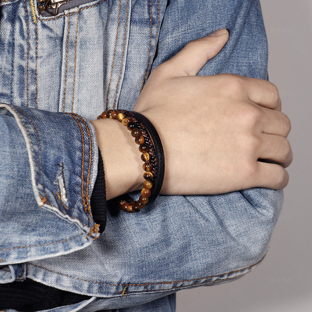 Handcrafted Men's Beaded Bracelet with Natural Tiger Eye Stones & Stainless Steel Cross - Leather & Alloy Material for Stylish Fashion Accessorie