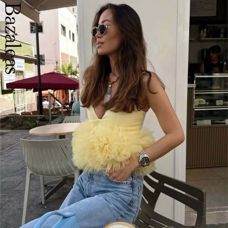 TRAF Yellow Puffy Mesh Tops for Strap Ruffle Crop Woman Sexy Backless Tulle Female Summer Camisole Short Top Women