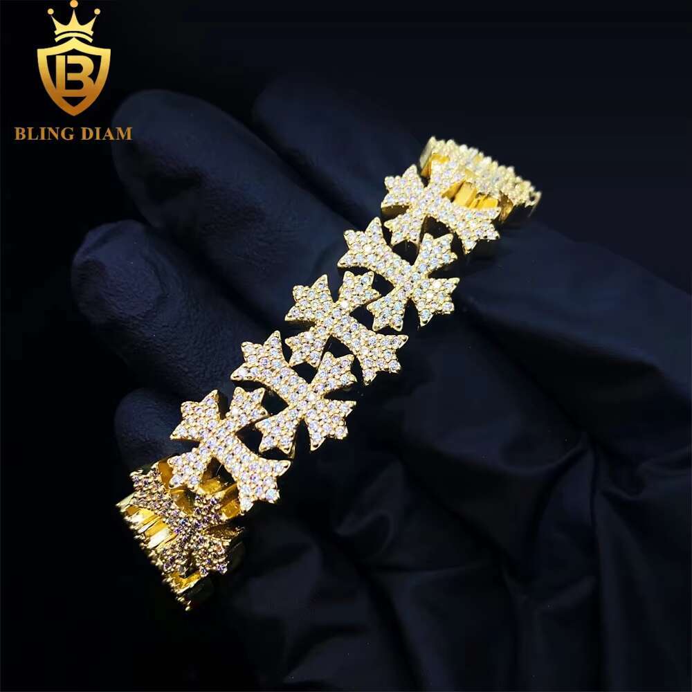 16mm Luxury Jewelry Hip Hop 925 Sterling Silver Moissanite Cuban Link Chain Cross Iced Out Bracelet