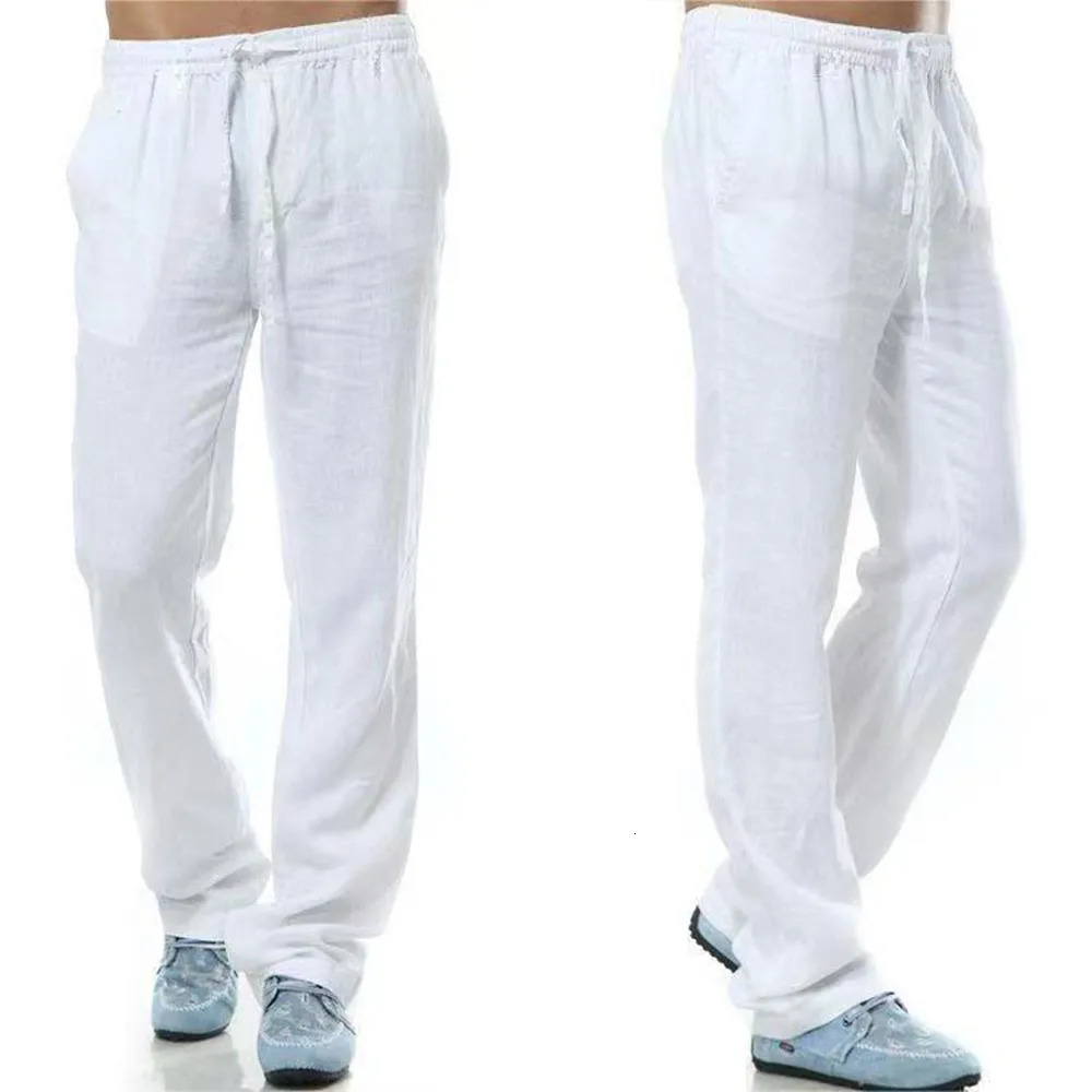 Mens Cotton Linen Pants Male Autumn Breathable Solid Color Trousers Fitness Streetwear Back With Pocket 250515