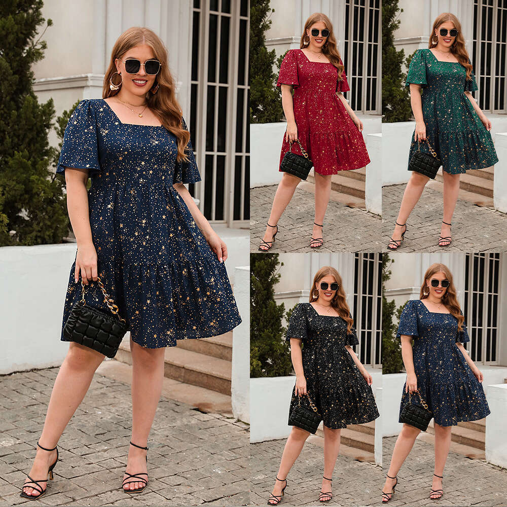 Plus Size Vestido Calf Floral Dress Beach Dress Fulllace Gold Stamping Printing Casual Loose Fitting Cocktail Party Elegant Dress Oversized Womens Clo