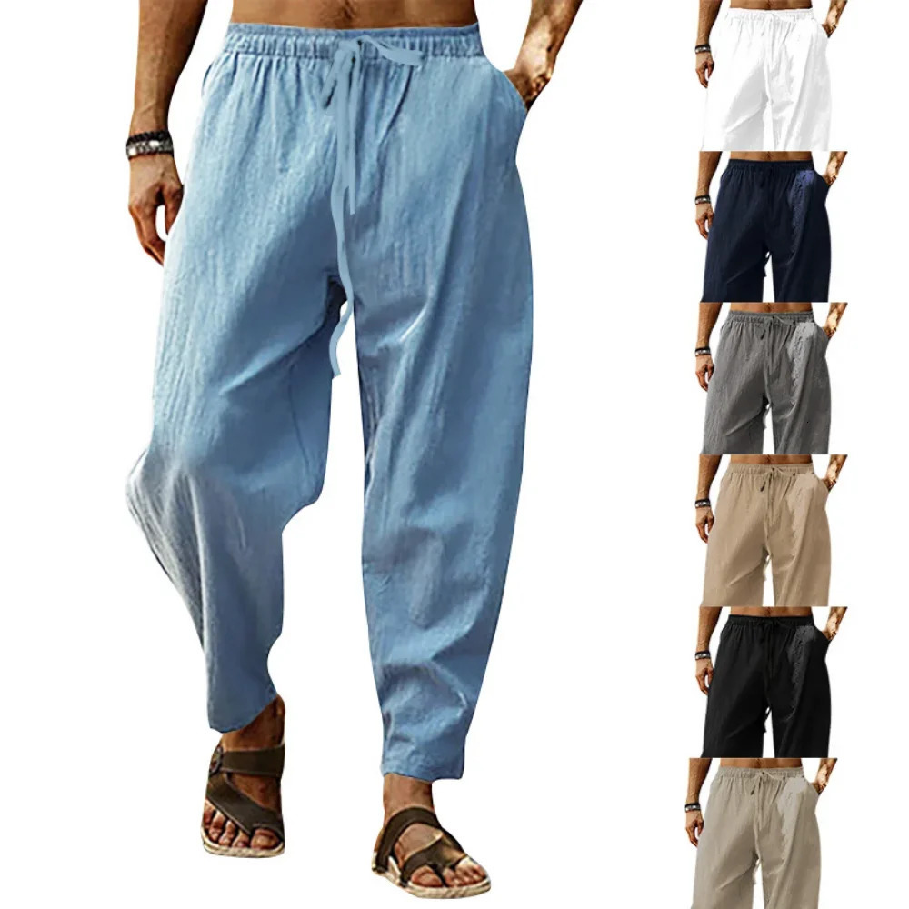 Summer Mens Breathable Pants Cotton and Linen Male Solid Color Versatile BasicTrousers Loose Fitness Causal Plus Size 250515