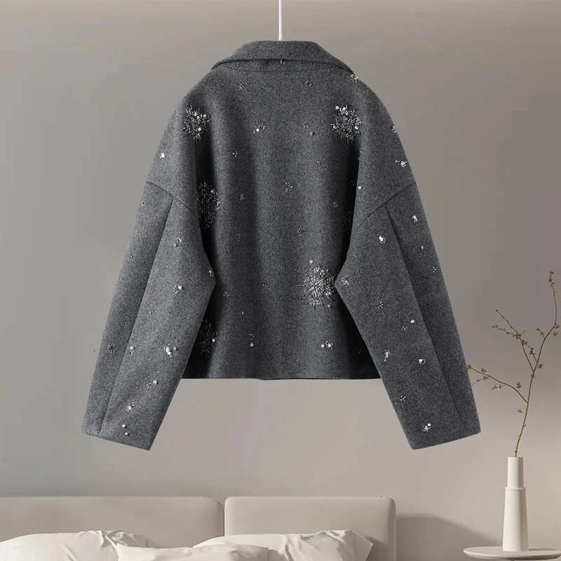 Casual Embroidery Beading Loose Women Coat Lapel Collar Bat Sleeve Solid Wool Blend Jacket 2025 New Lady Spring Outerwear