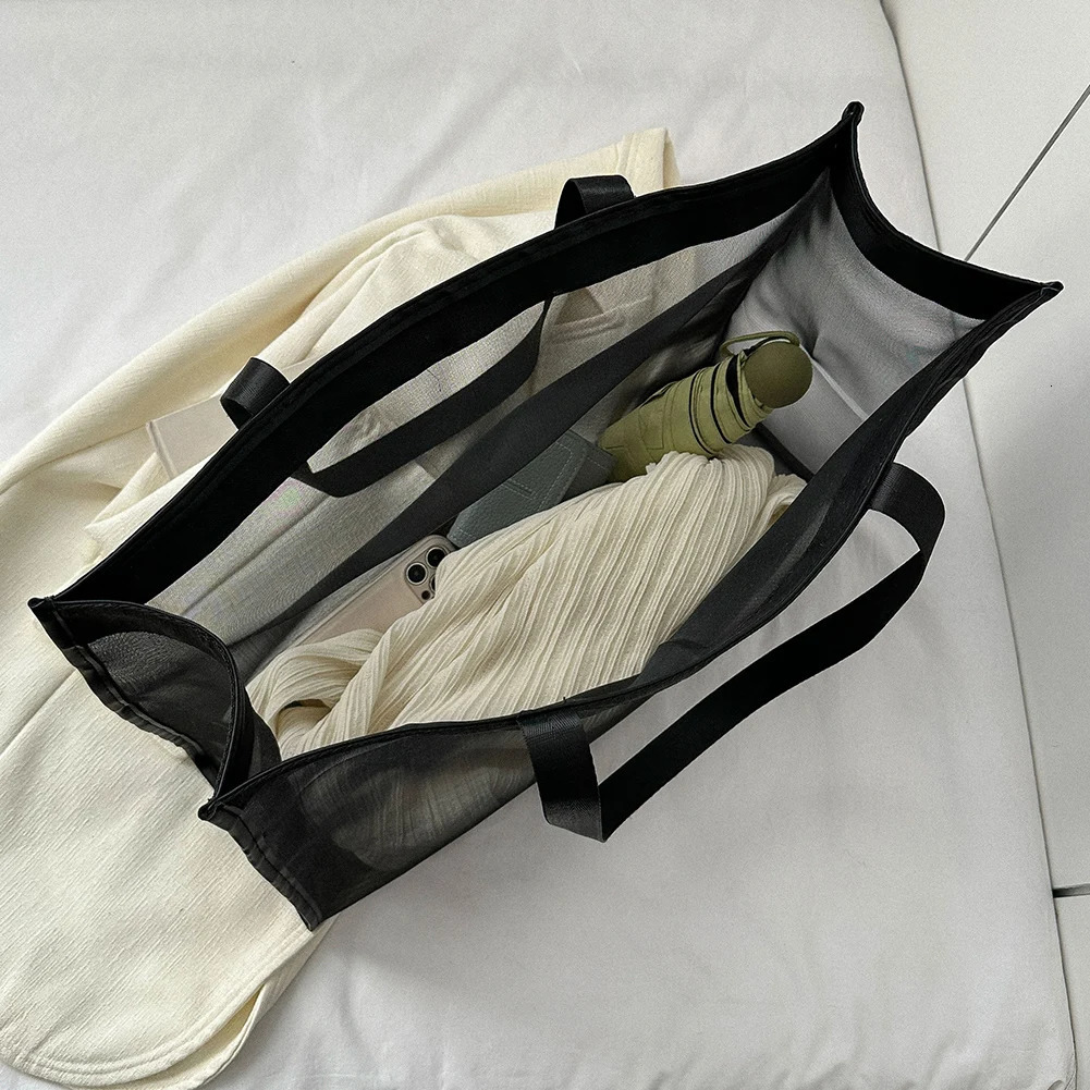 Fashion Large Capacity Mesh Shoulder Bag with Solid Color Top Handle for Summer Vacation Travel and Shopping 250515
