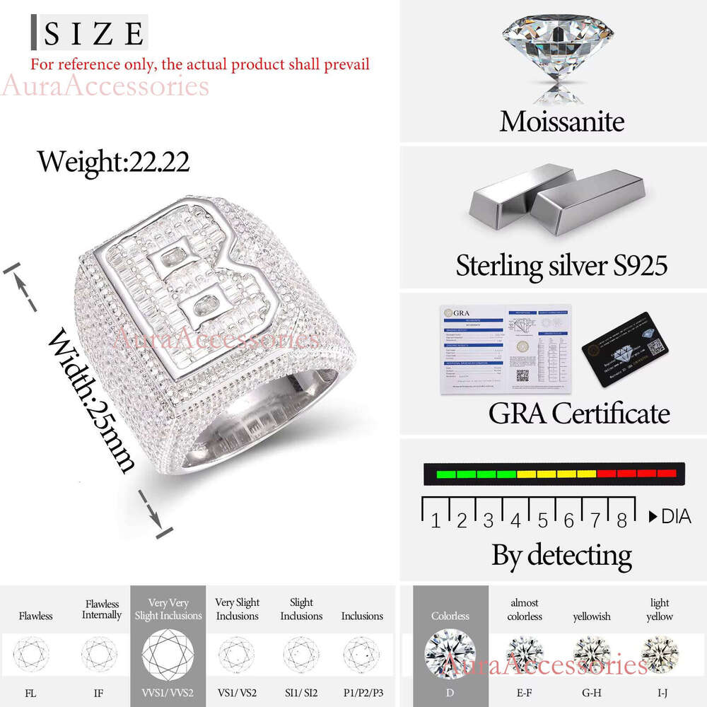 D VVS Moissnite Baguette Custom Ring Initials A-Z 26 Letters Rings for Women Men Couple Alphabet Name Iced Out Hip Hop Jewelry