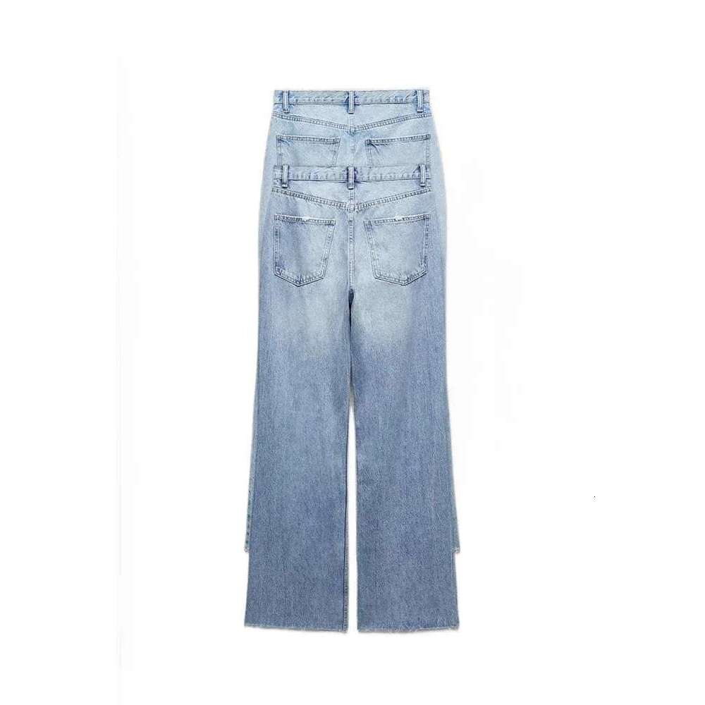 TRAF Women's Loose Hole Decoration High-Waisted Jeans Fashion Versatile Wide-Legged Trousers Elegant Fashion Women's Clothing Designer