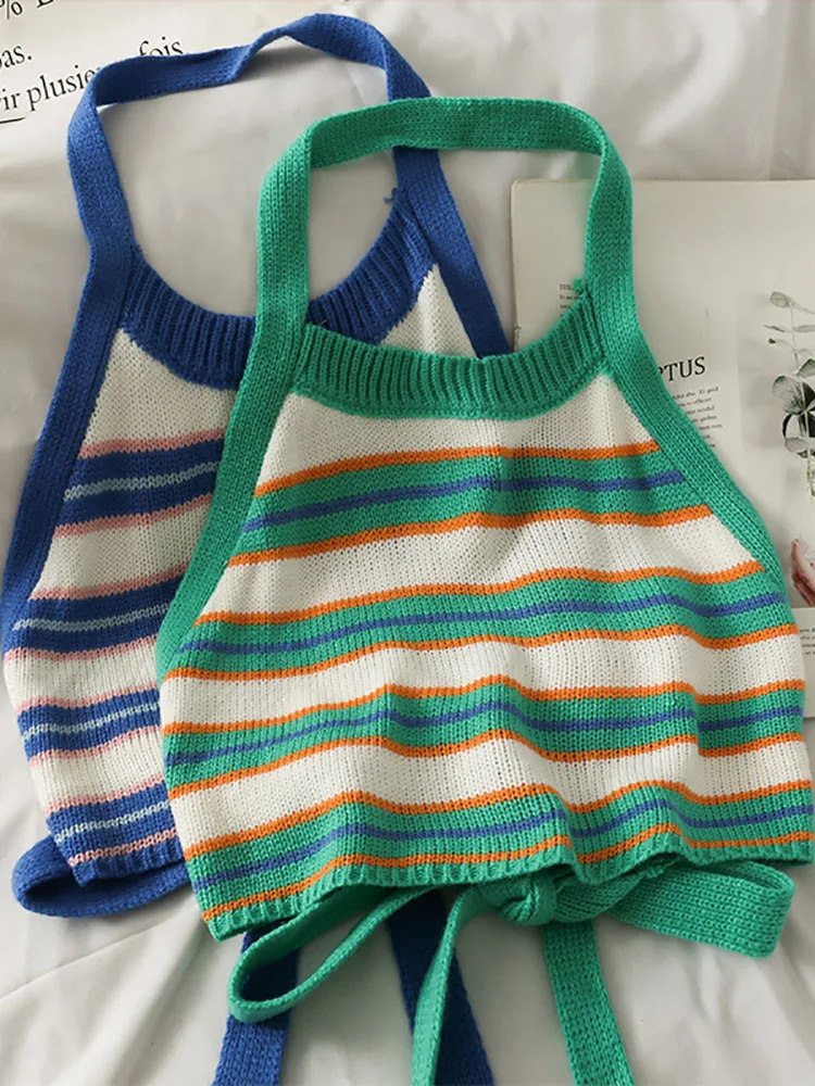 HELIAR Top Women Stripes Crop Tops Knitted Halter Y2K Backless Bandage Round Neck Strappy Sexy Summer 250515
