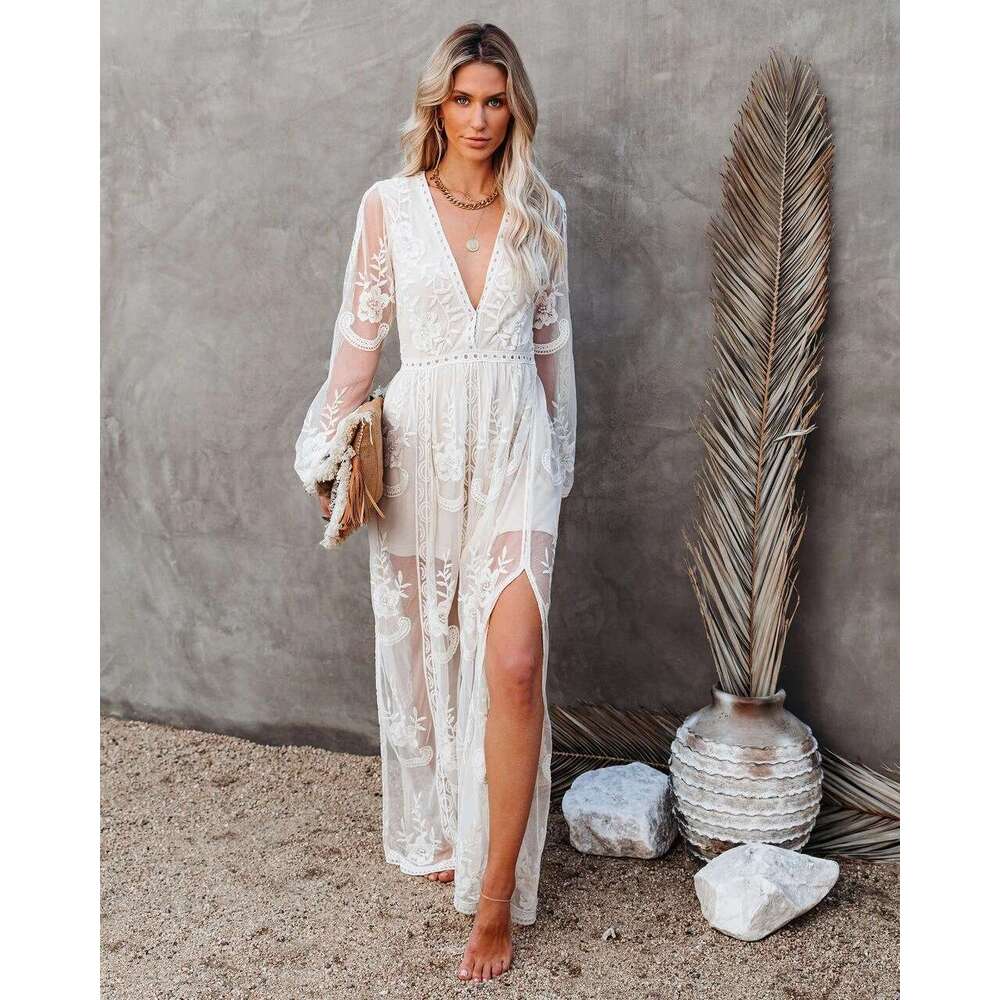 2021 Spring/Summer New Women's Lace Long Sleeve V-Neck Solid Chiffon Summer Dress