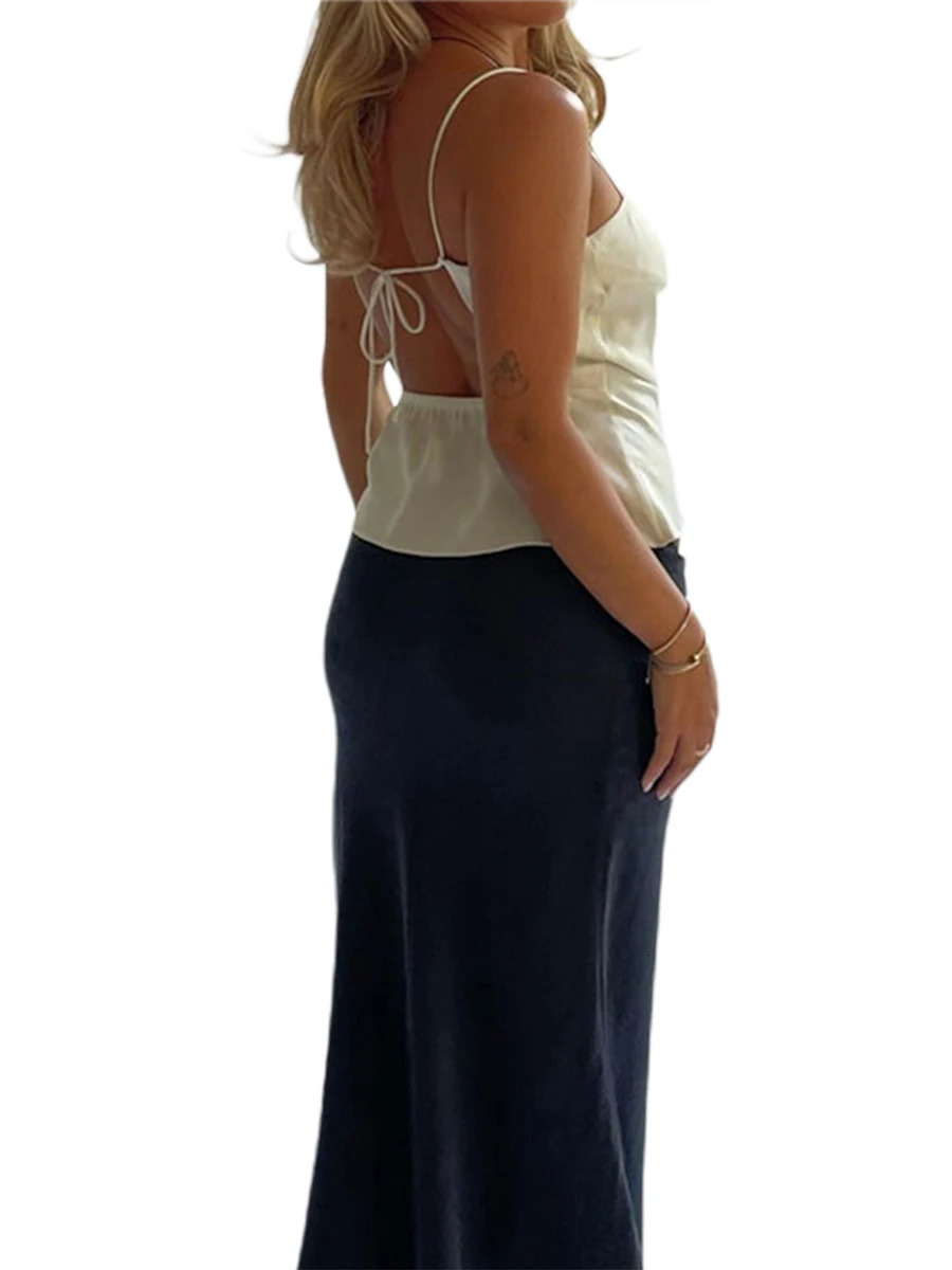 Women Summer Satin Camisole Casual Solid Color Bandage Backless Sleeveless Tops for Streetwear Clubwear 250515
