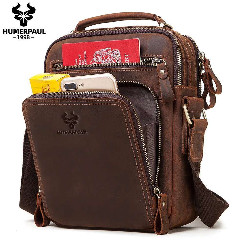 HUMERPAUL Genuine Leather Men's Shoulder Vintage Cross Bags Large Capacity Male Messenger Tote Bag Travel Bolso Hombres