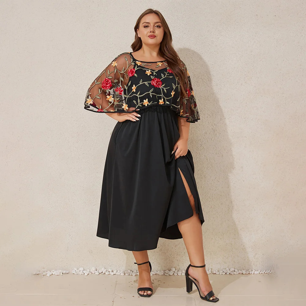 Elegant Plus Size Women Floral Embroidery Cloak Sleeve Strappy Midi Dress With Pocket Banquet Party Cocktail Evening Ball Gownn 250509