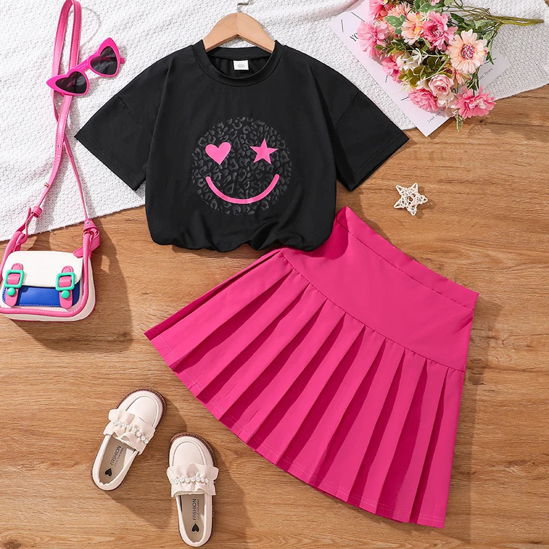 Childrens Fashion Clothes Sets For Kids Girl Black Smiley T-shirt And Rose Red Pleated Skirt High Quality Korean Style 250515