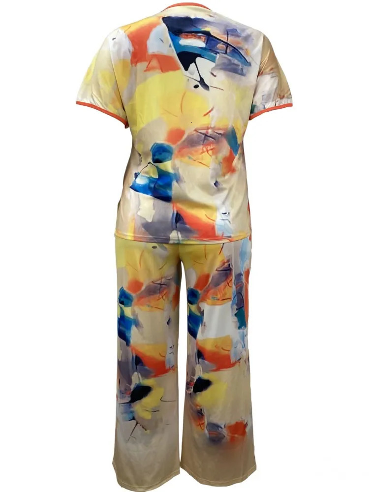 2 Piece Women Sets Arrival Plus Size Summer Matching Sets Print Two Pieces Sets Top Pants Suits Outfits Clothing 250514