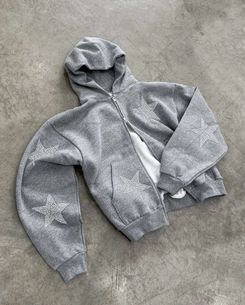 High Street Clothing Fashion Star Pattern Casual Loose Men Set American Retro Haruku Y2K Punk Oversized Sweatshirt