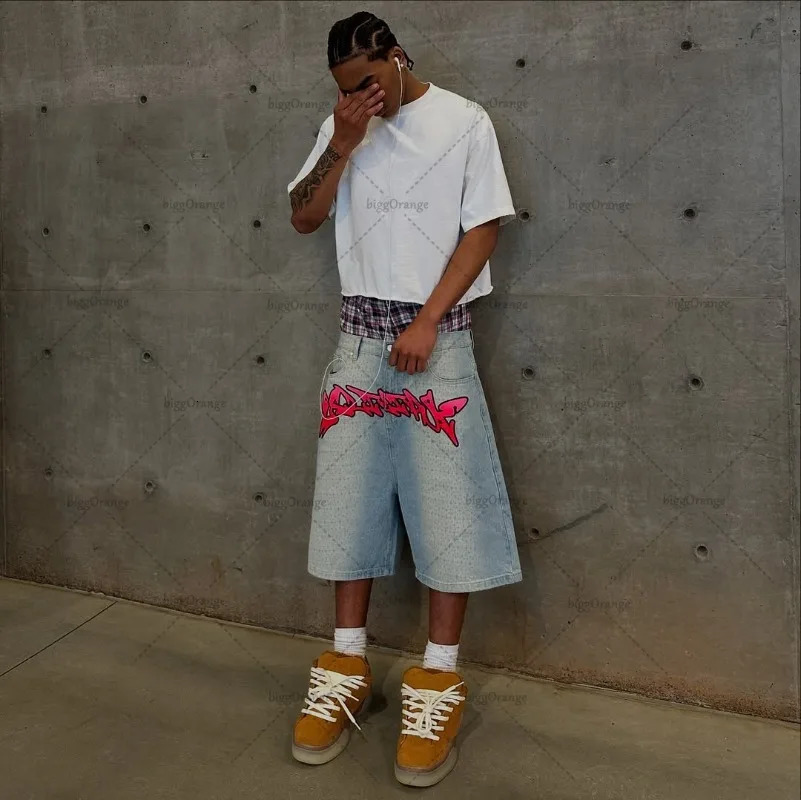 American High Street Style Pants Letters Oversized Jeans Men Retro Casual Hiphop Waist Straight Shorts 250515