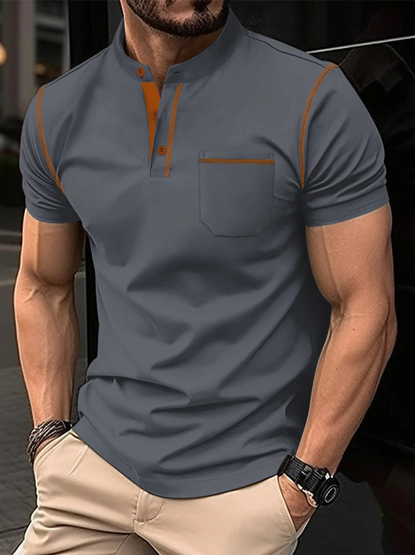 Summer Men Henry collar short sleeve golf POLO shirt personality pocket style casual breathable sports street fashion top 250515