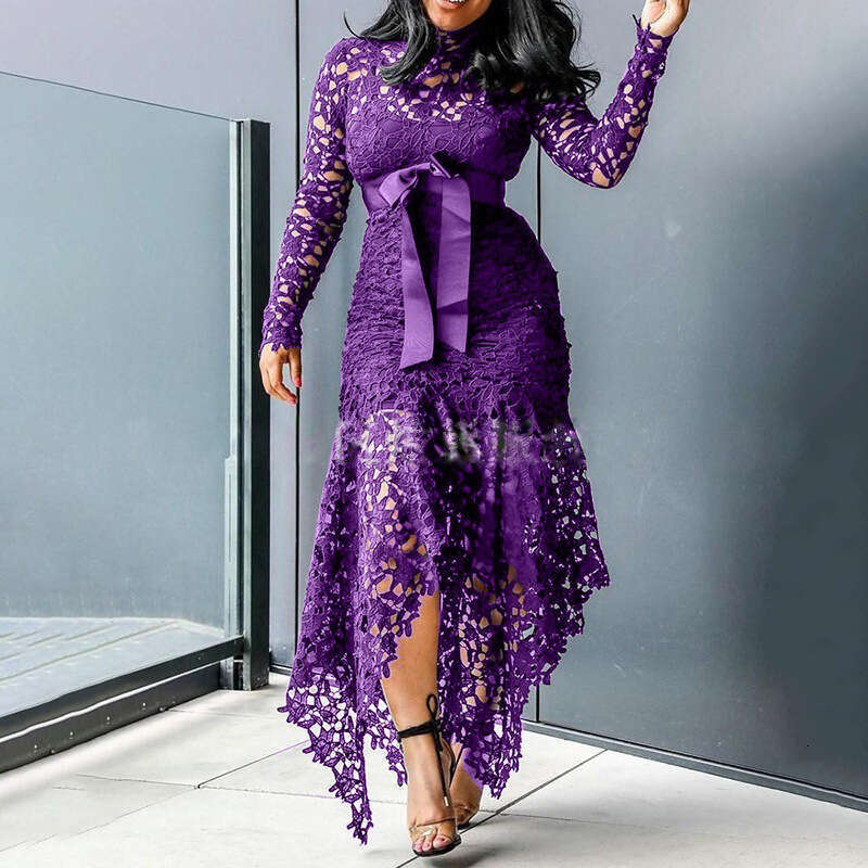 2025 new women's hollowed out long sleeved stand collar lace up 5-color irregular dress