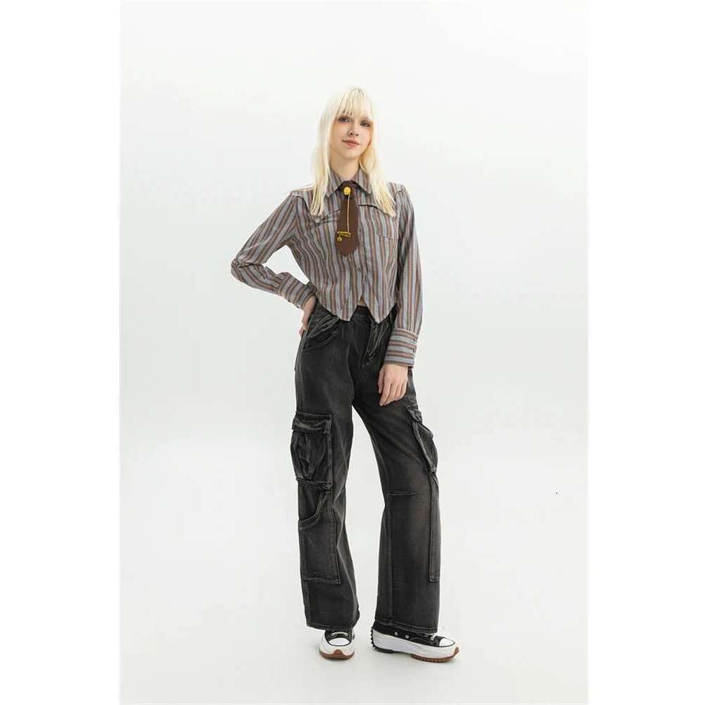 Women's Black Gothic Cargo Jeans Vintage Korean 90S Aesthetic Y2k Denim Trousers Haruku High Waist Cowboy Pants 2000S Clothes Designer