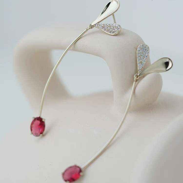 Spring's Little Grass Sprout Design by Master Pigeon Blood, Same Style Red Zircon Love Long Earrings, Versatile and Elegant