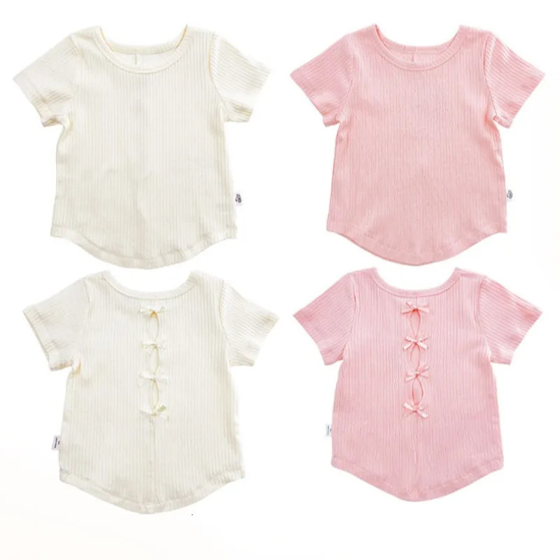 2-10Y Girls Summer Shirt Hollow Bow Knitted Short Sleeve Versatile Sweet and Cute Simple Top Round Neck Childrens T-shirt 250515