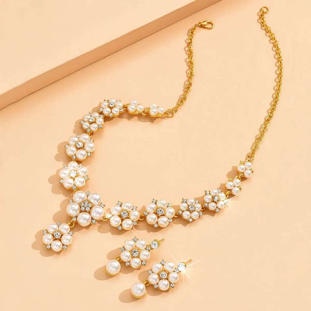 3 Luxurious Pearl Flower Necklaces, Earrings, Wedding Dress Accessories, Jewelry Sets For Women