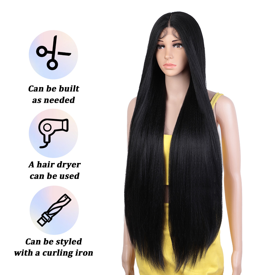 Rebecca Fashion Straight Synthetic Lace Front For Women 36 Inch Long Natural Black Lace Frontal Wigs Cosplay Wig