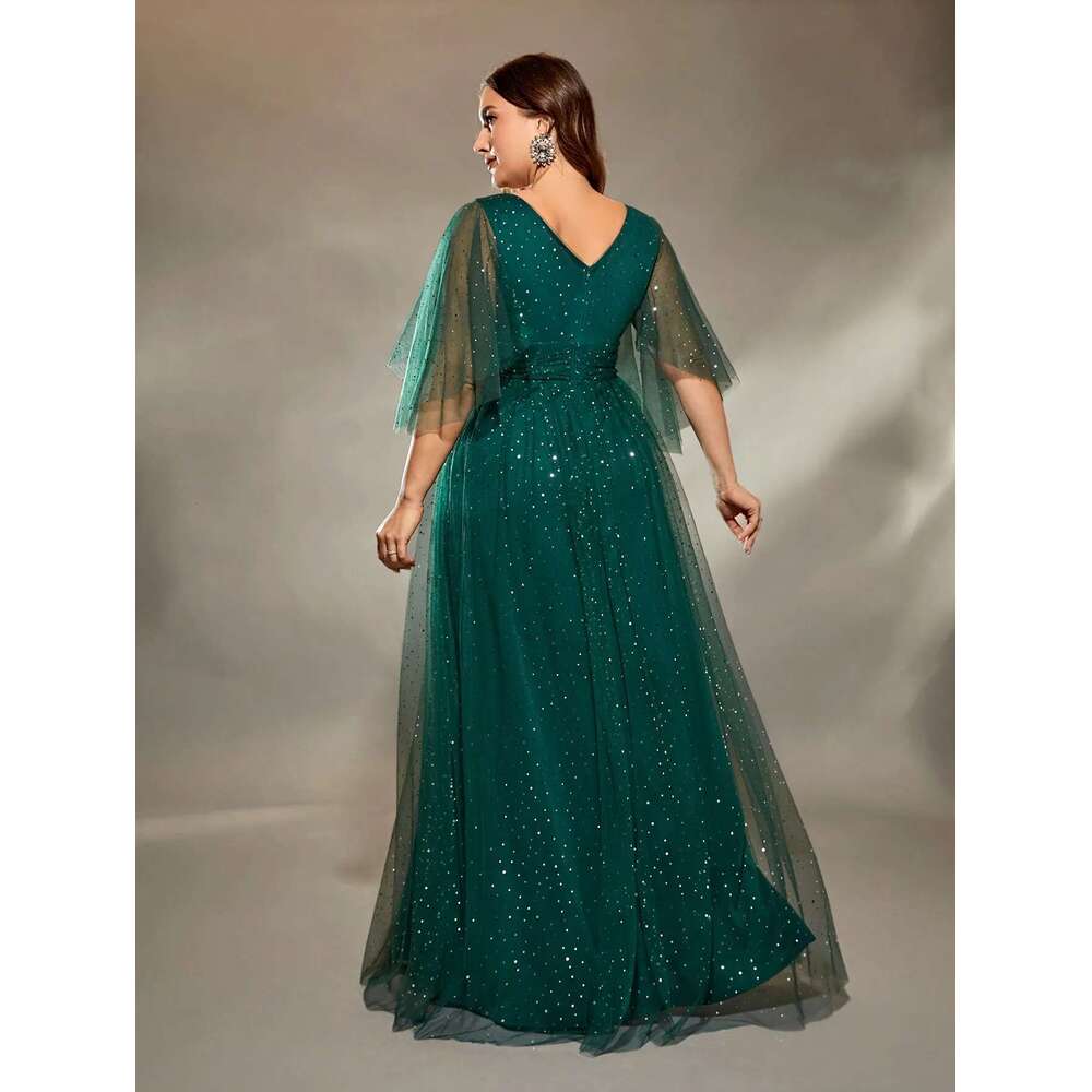 Mgiacy plus size V-neck cross chest pleats irregular long sleeve fillet netting A full skirt Evening gown Ball Party dress