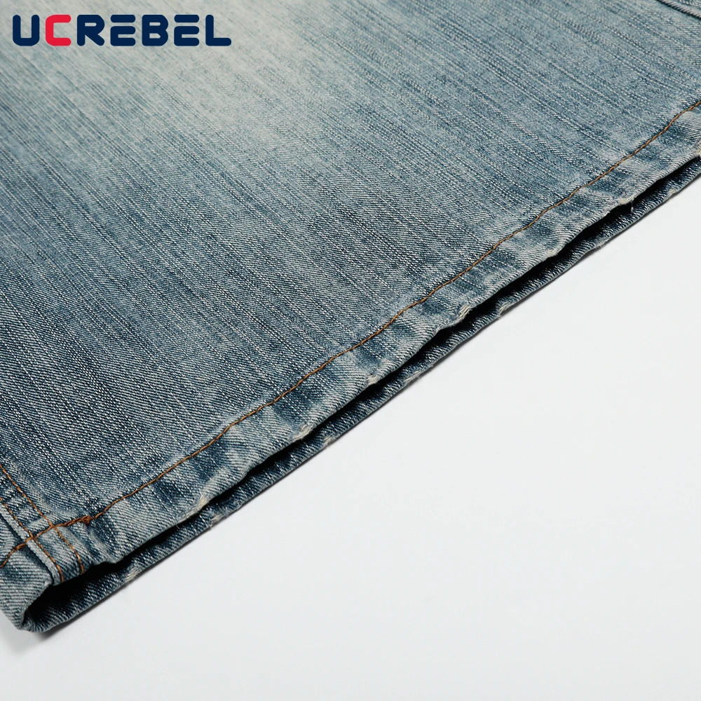 Bamboo Pattern Denim Cropped Trousers Mens Retro High Street Loose Wide Leg Pocket Short Jeans Men 250515