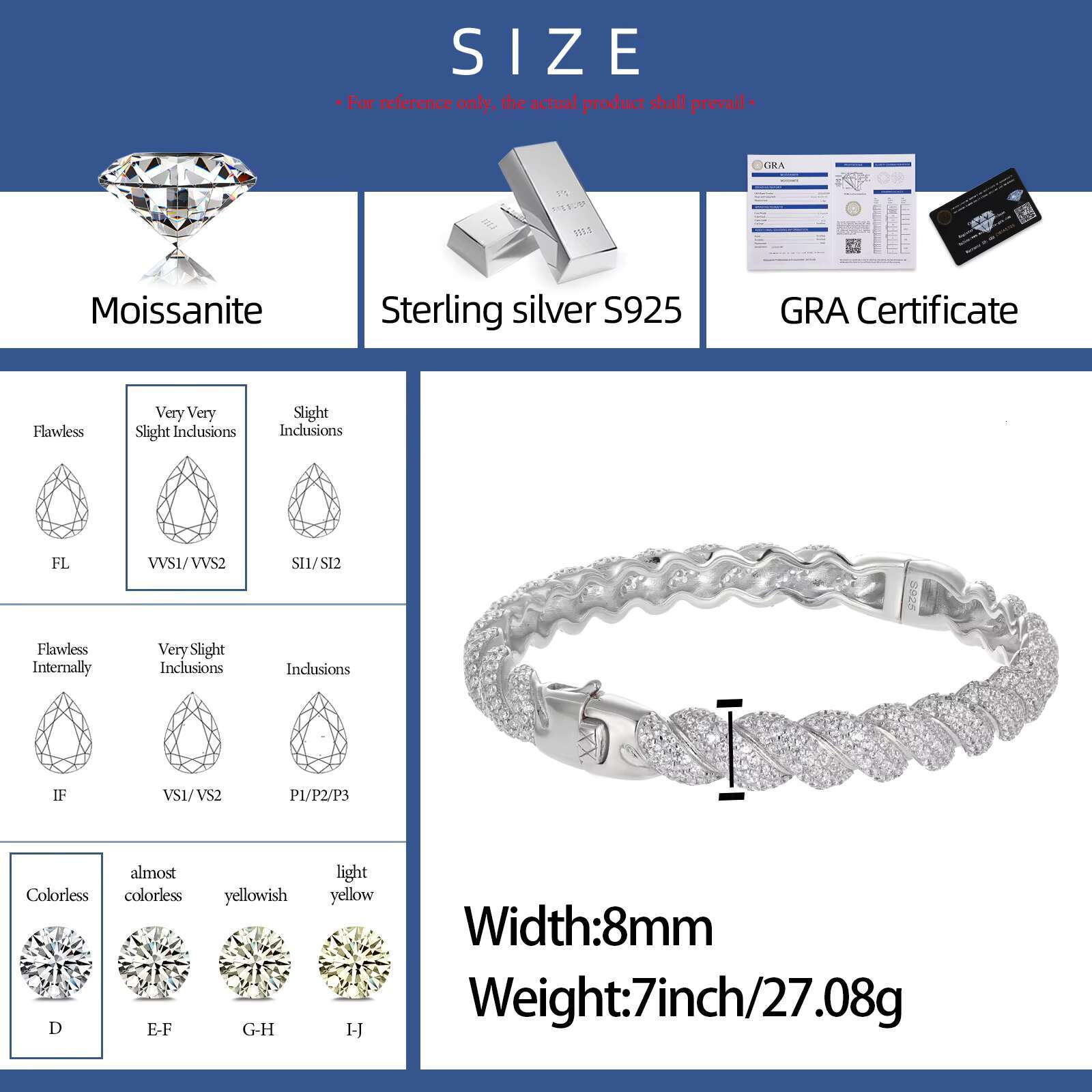 Fashion Hip Jewelry 8mm Gold Plated 925 Sterling Silver Vvs Moissanite Diamond Twist Bangle Bracelet for Men