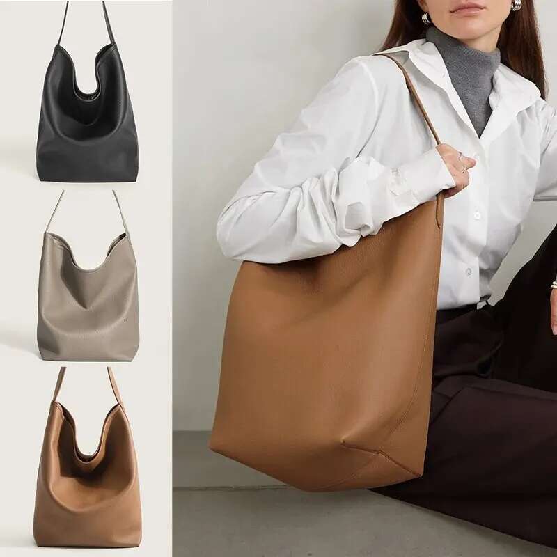 Simple Tote For Women Men Soft Leather Large Capacity Travel Shoulder Purse With Canvas Storage Bag