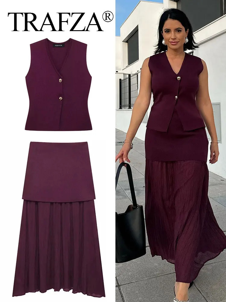 TRAFZA Women Skirt Set Wine Red Knitted VNeck Sleeveless Slim Vest Solid High Waist Zipper Patchwork On Street 250515