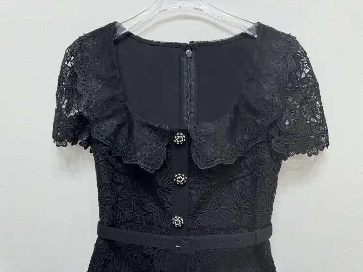 JAMERARY Brand Designer Summer Black Lace Evening Prom Dress Women Dia Button Short Sleeve Midi Long Party Vestidos Quality