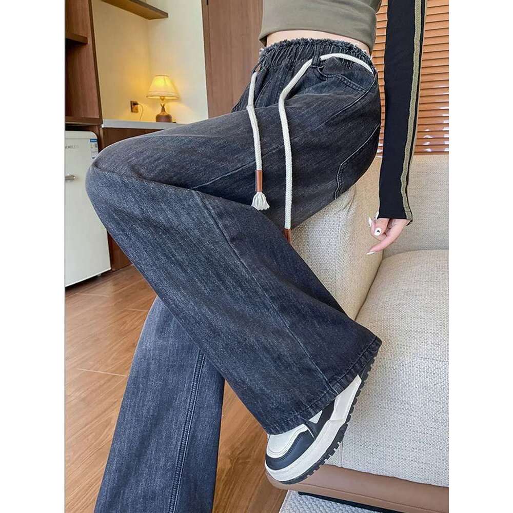 L - 6XL Plus Size For Woman High Elastic Waist Drawstring Black Jeans Women Streetwear Wide Leg Loose Casual Denim Pants