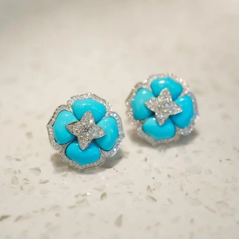 and fashionable turquoise earings stud with silver inlaid blue flower earrings for women classic wedding jewelry gift 250515