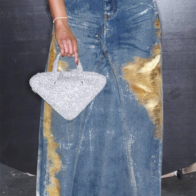 Womens plus size denim leather daily blue metal coating high waist pocket split hem casual retro streetwear long 250506