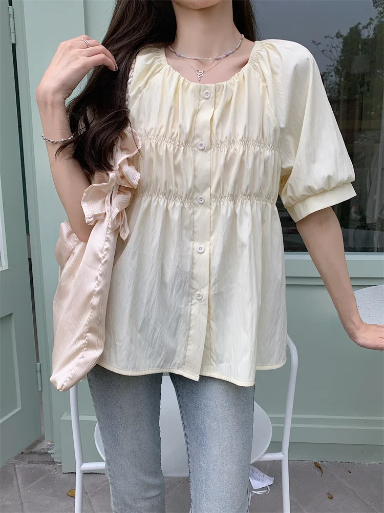 L4XL Plus Size Chiffon Blouse Women Summer Short Sleeve Slim Waist Large Loose Tops Casual Lady Top Femme 250515