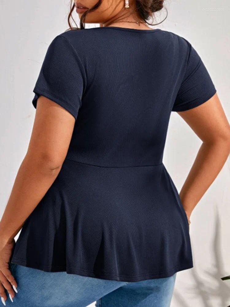 Shirt Plus Size Solid Zip Front Peplum Tops Women Summer 2025 Fashion O-Neck Short Sleeve Female Casual