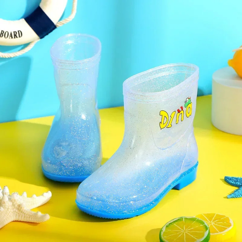 Sequin Transparent Childrens Rain Boots Cartoon Pattern Kids Anti Slip Waterproof Soft Sole Thick Bottom Shoes Rainy Weather 250515