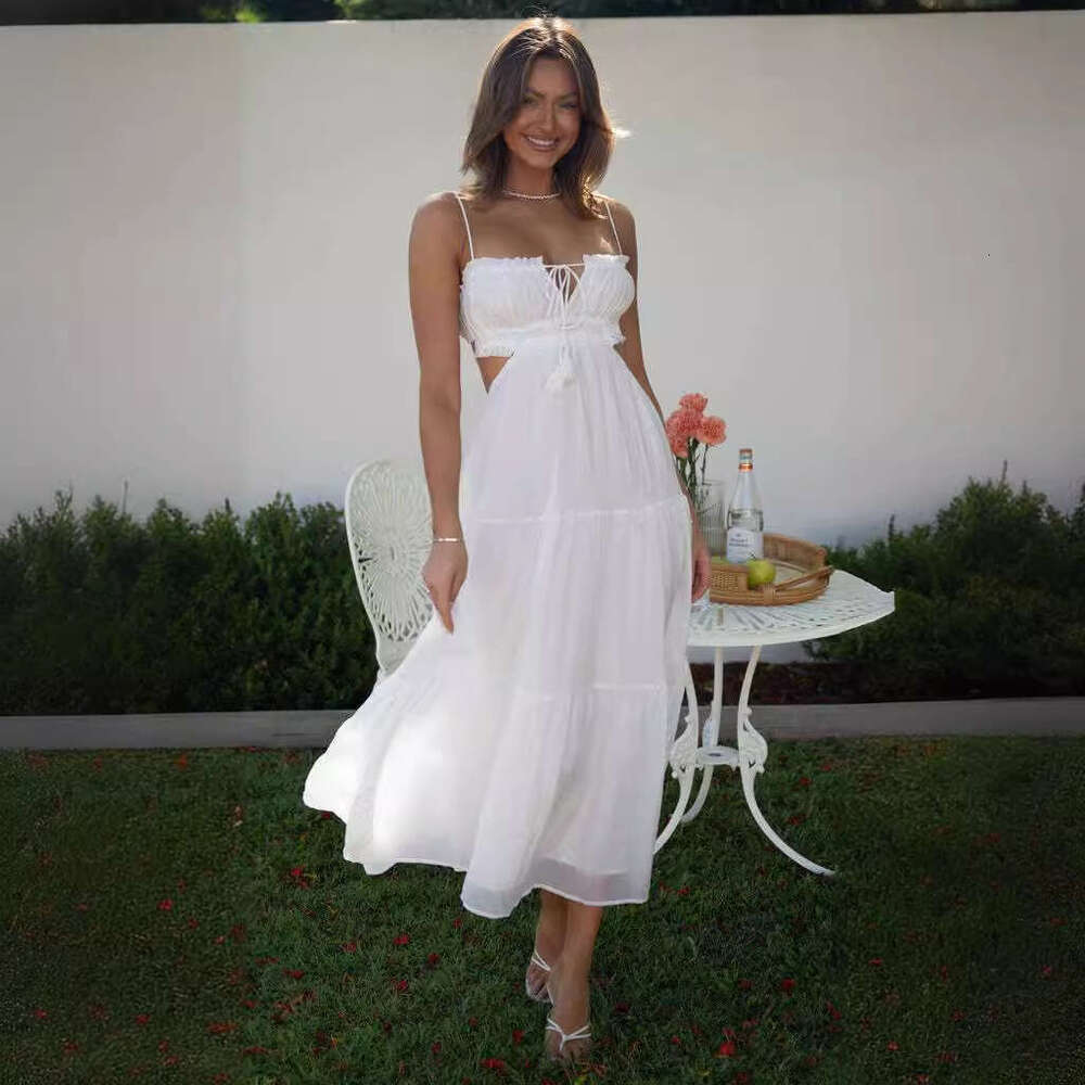 White Dress Maxi Dress Summer New Women's Style Hanging Strap Sexy Hollow Out Long With Open Back Panel Large Swing Dress KQ