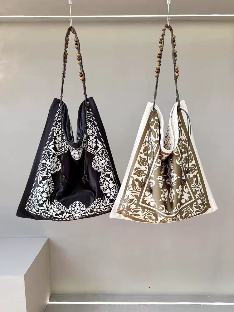 French Scarves, Double-Sided Art Printed Tote Large Capacity Commuting Beaded Single Shoulder Armpit Bags, Handbags For Women